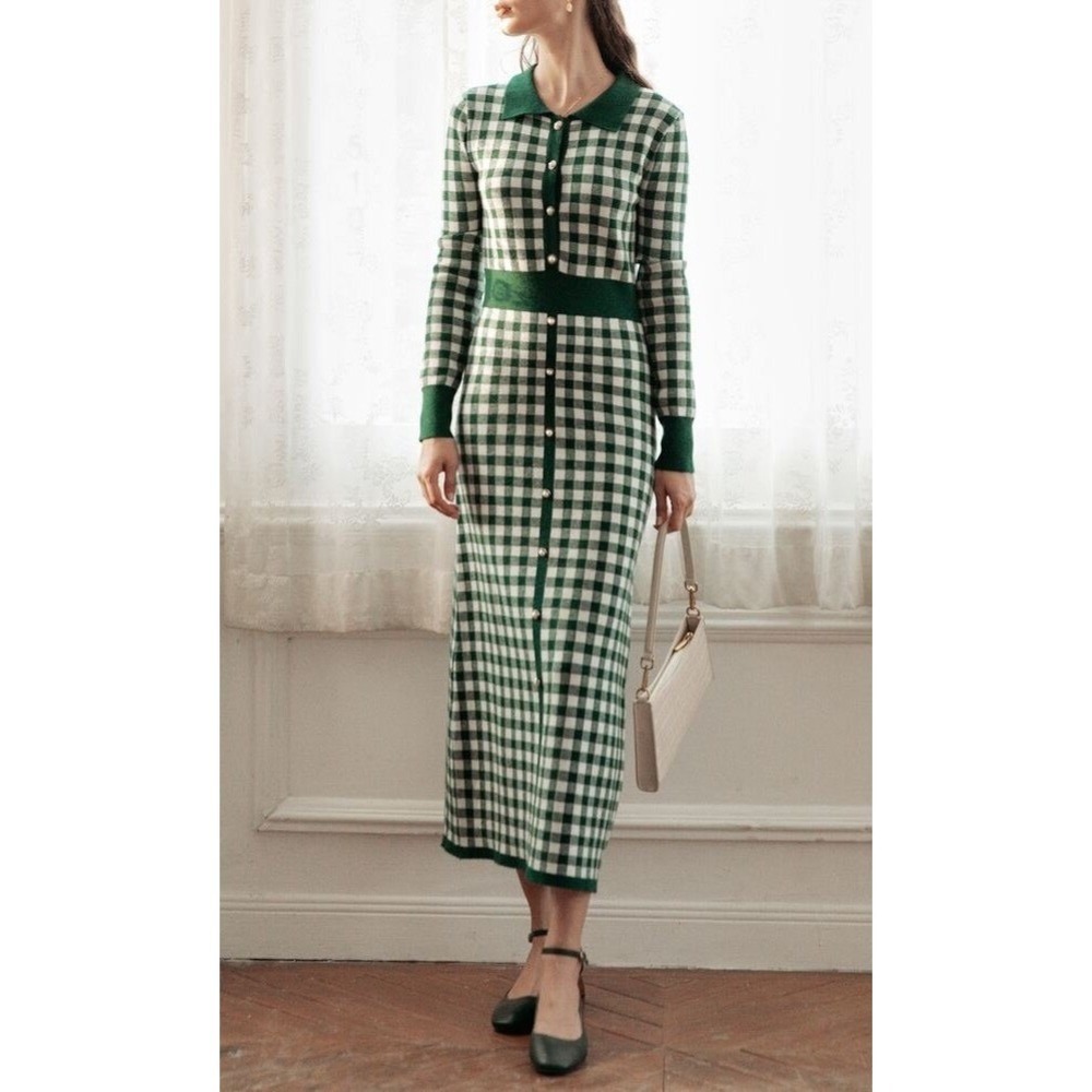 Simple Retro Gingham Knit Midi Dress Womens Medium Green White Button Front